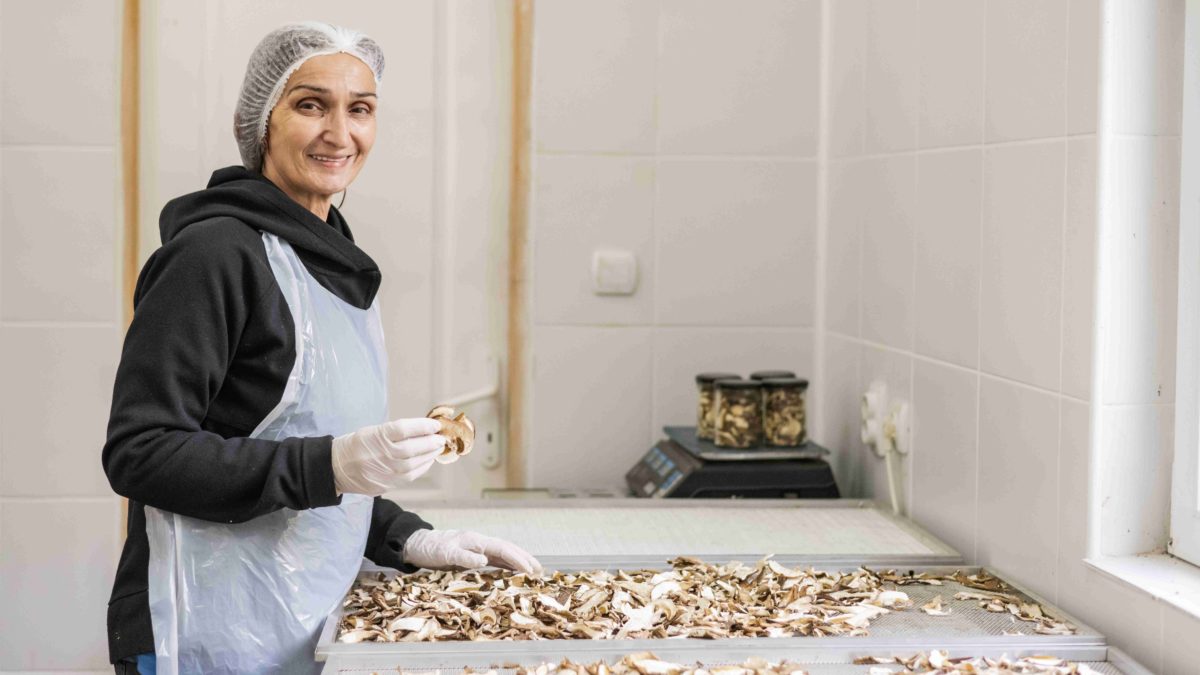Silvana aus Bosilegrad beim Sortieren der getrockneten Bio Steinpilze