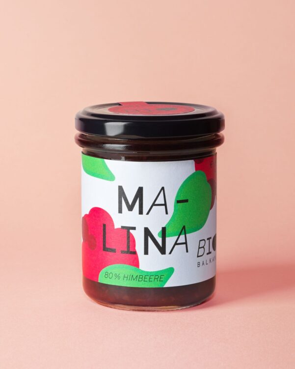 Bio Malina, ein Fruchtaufstrich aus Himbeeren, im 230 Gramm Glas von BioBalkan