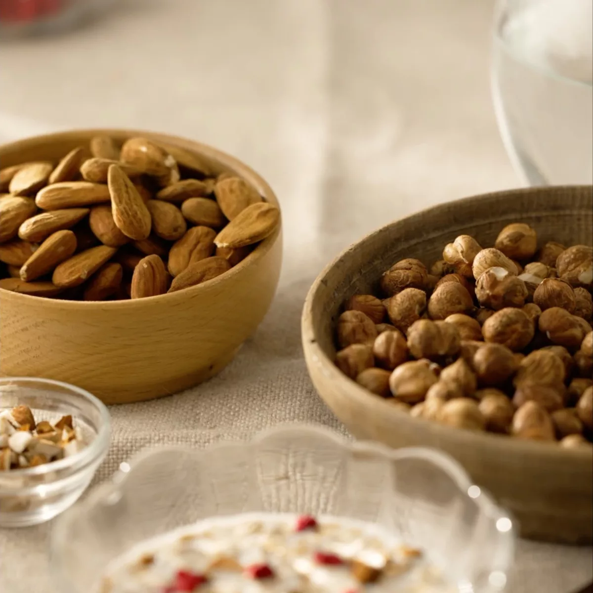 Frühstückstisch mit Bio-Haselnüssen und Bio-Mandeln